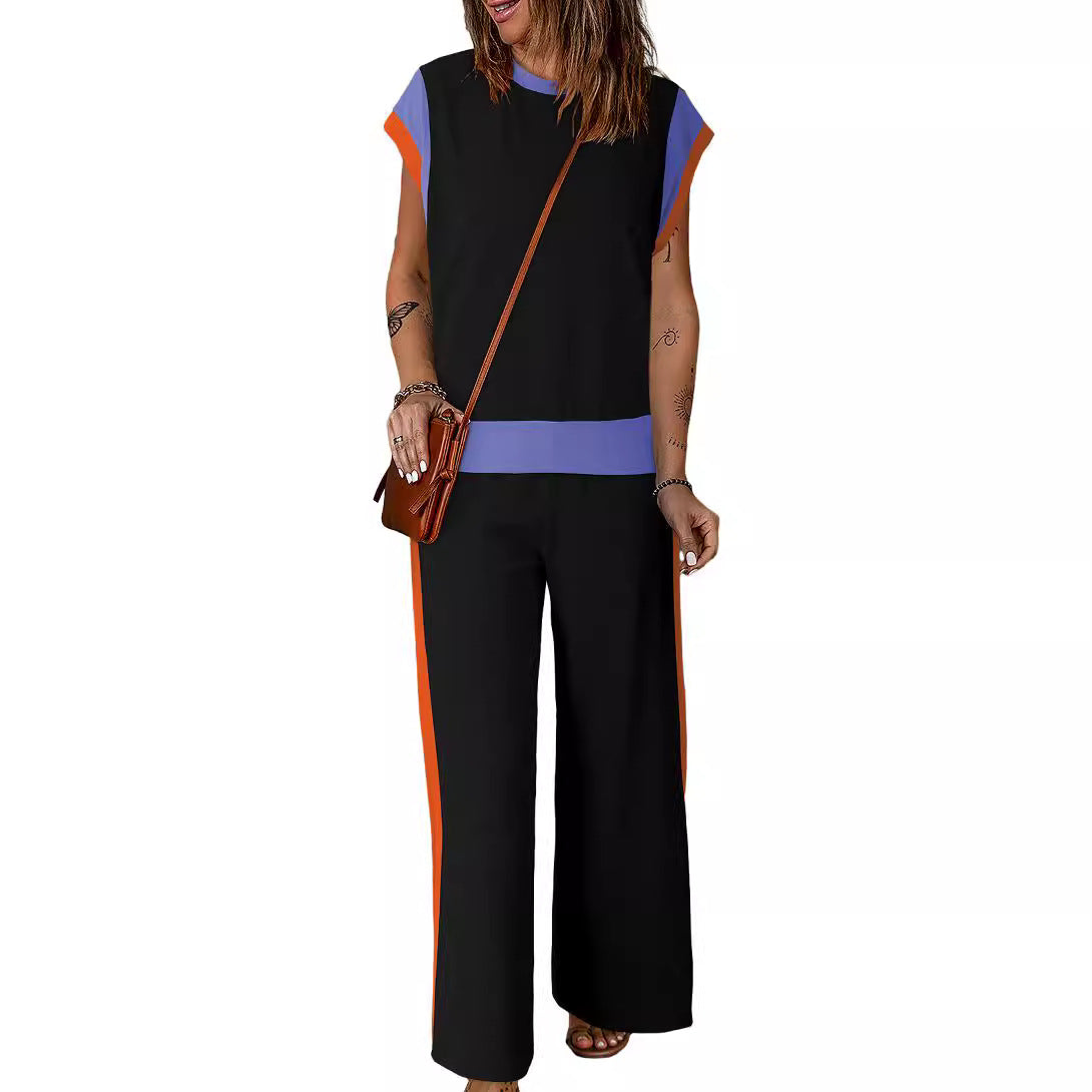 Conjunto de dos piezas de camiseta y pantalones holgados de manga corta con cuello redondo y bloques de color para mujer