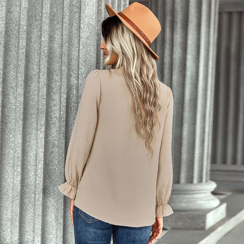 Blusa elegante informal con volantes y lunares, color liso, escote en V, para mujer