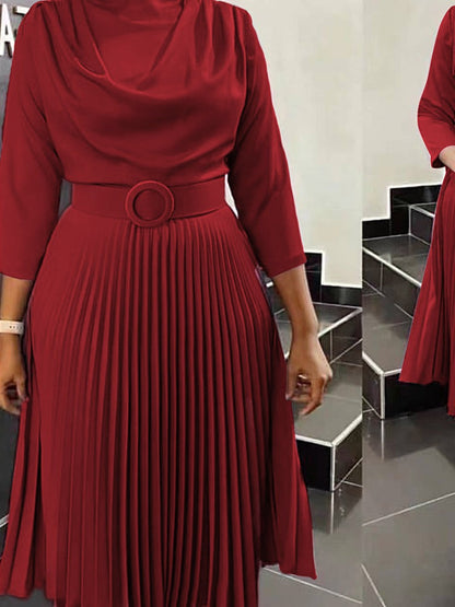 Vestido informal de manga larga plisado de color liso para mujer, talla grande
