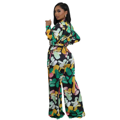 Women High Waist Elegant Casual Wide Leg Fashion Long Sleeve Floral Jumpsuits