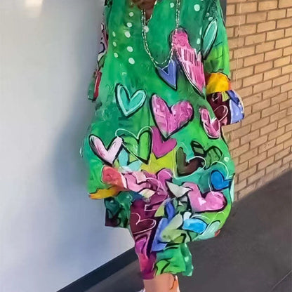 Women Fashion Casual Loose Heart-Shaped Print Long Sleeve Maxi Dress