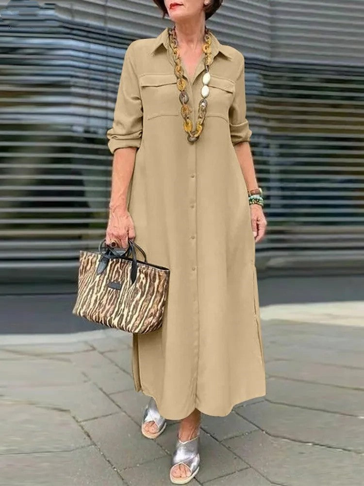 Women Fashion Casual Solid Color Long Sleeve Button Laps Plus Size Dress