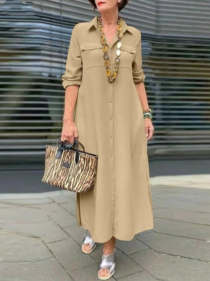 Women Fashion Casual Solid Color Long Sleeve Button Laps Plus Size Dress