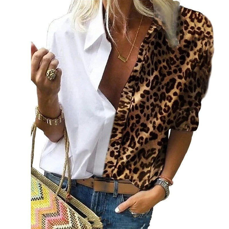Women Casual Office Long Sleeve Shirt Leopard Print Contrast Loose Chiffon Blouse