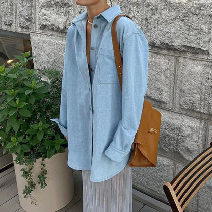 Camisa vaquera de imitación de manga larga con botones y solapa informal para mujer