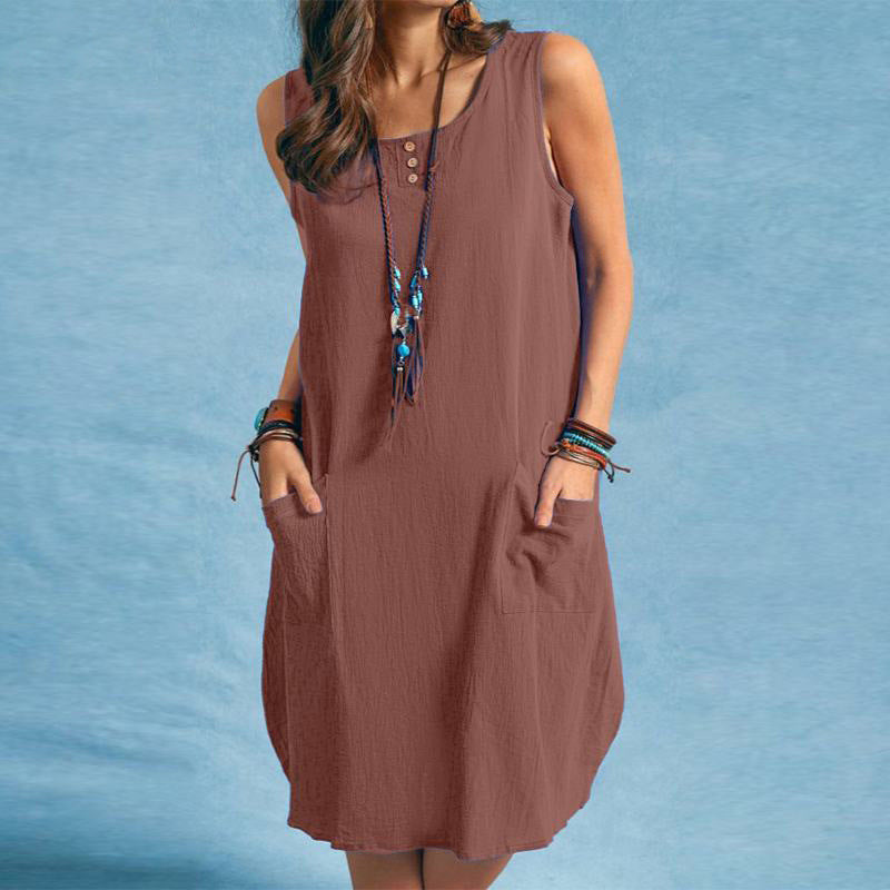 Spring And Summer Women Cotton Loose Casual Solid Color Sleeveless Dress