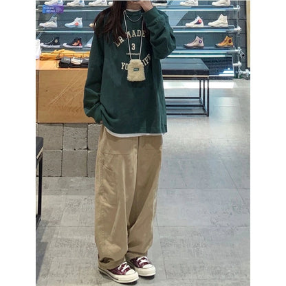 Women Casual Solid Color Loose Elastic High Waist Straight Leg Cargo Pants