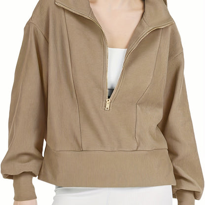 Women Fashion Casual Long Sleeve Half Zip Solid Color Sweatshirt