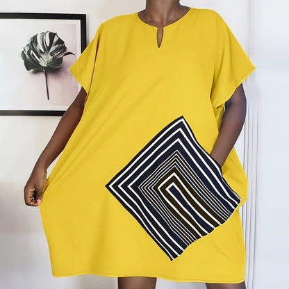 Women Fashion Casual Plus Size Stripe Printed Short Sleeve Dress