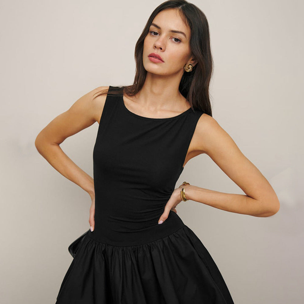 Women Fashion Casual Solid Color Round Neck Sleeveless Stitching Dress