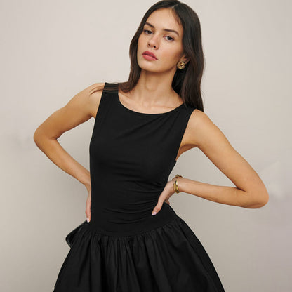 Women Fashion Casual Solid Color Round Neck Sleeveless Stitching Dress