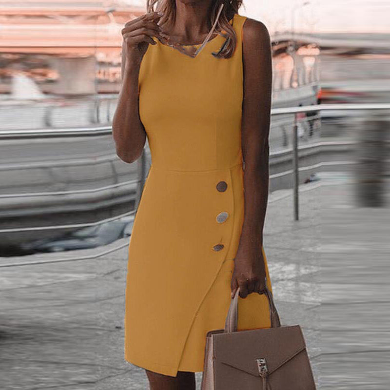 Vestido mini informal de verano para mujer, elegante, de color liso, sin mangas, con cuello redondo y botones