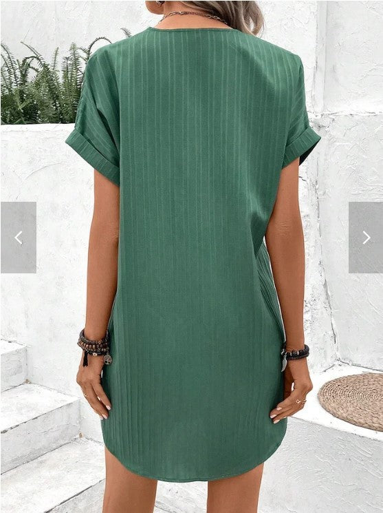 Vestido informal de oficina para mujer, elegante, de color liso, con cuello en V, cómodo, de manga corta y botones