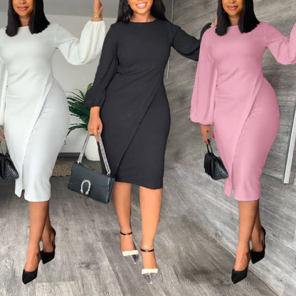Women Fashion Solid Color Casual Lantern Long Sleeve Dress
