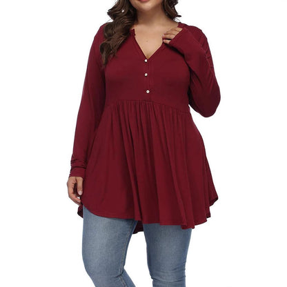 Camiseta informal de manga larga plisada con botones y escote en V de color liso para mujer, talla grande