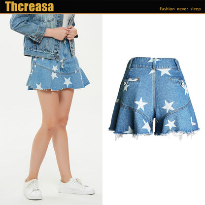 Pantalones cortos vaqueros de pierna ancha con volantes y estampado de estrellas para mujer