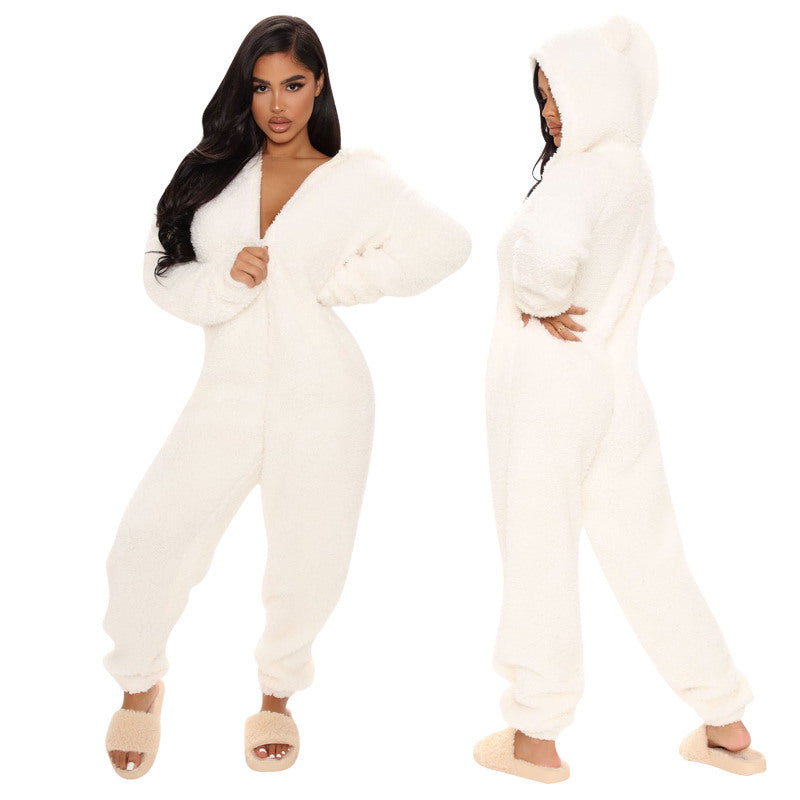 Women Long Sleeve Hooded Plush Casual Jumpsuits Pajamas