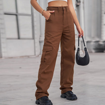 Women Fashion Casual High Waist Denim Cargo Pants