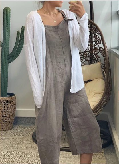 Women Summer Solid Color Cotton Overalls Loose Casual Jumpsuits