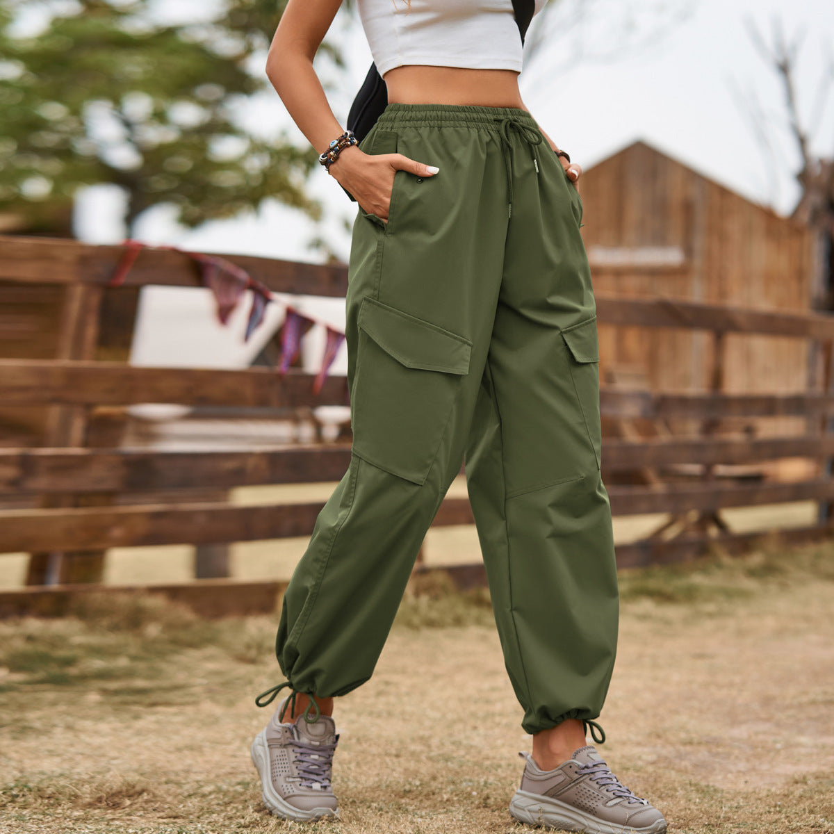 Street Loose Lace-Up Drawstring Elastic Waist Overalls Casual Cargo Pants