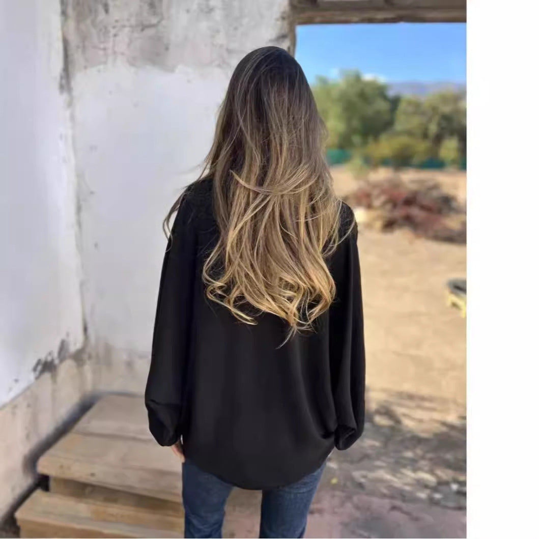 Blusa informal de manga larga con solapa y botonadura sencilla de color liso para mujer