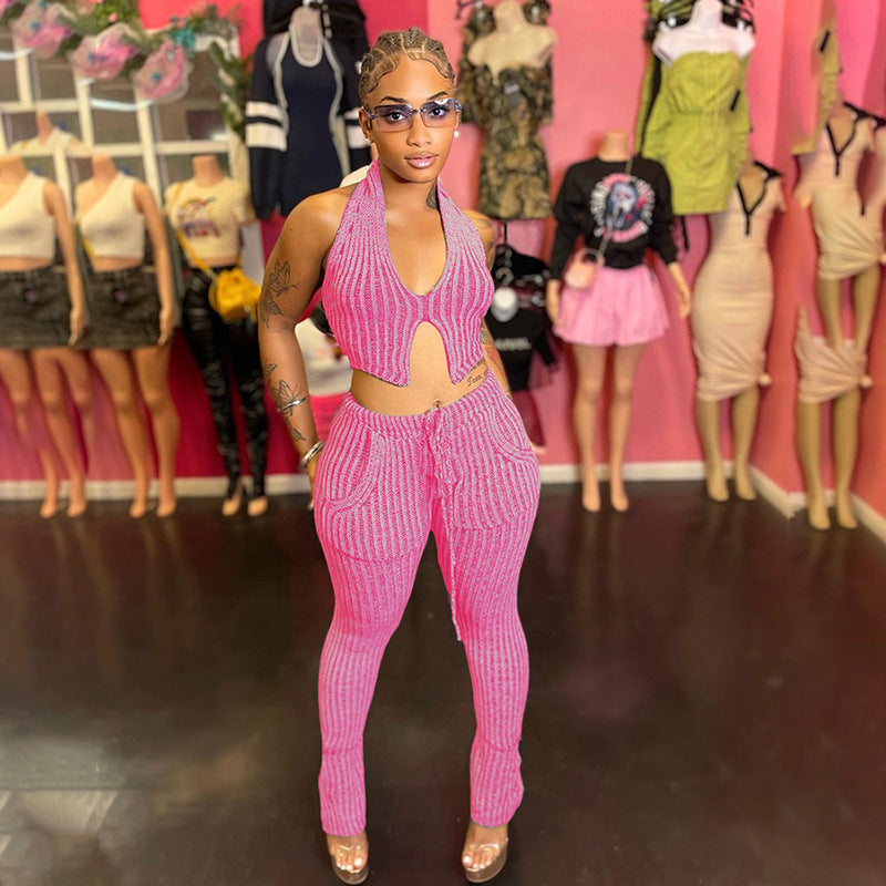 Conjunto de top y pantalones acampanados informales de cintura alta con cuello halter de punto sexy para mujer de otoño