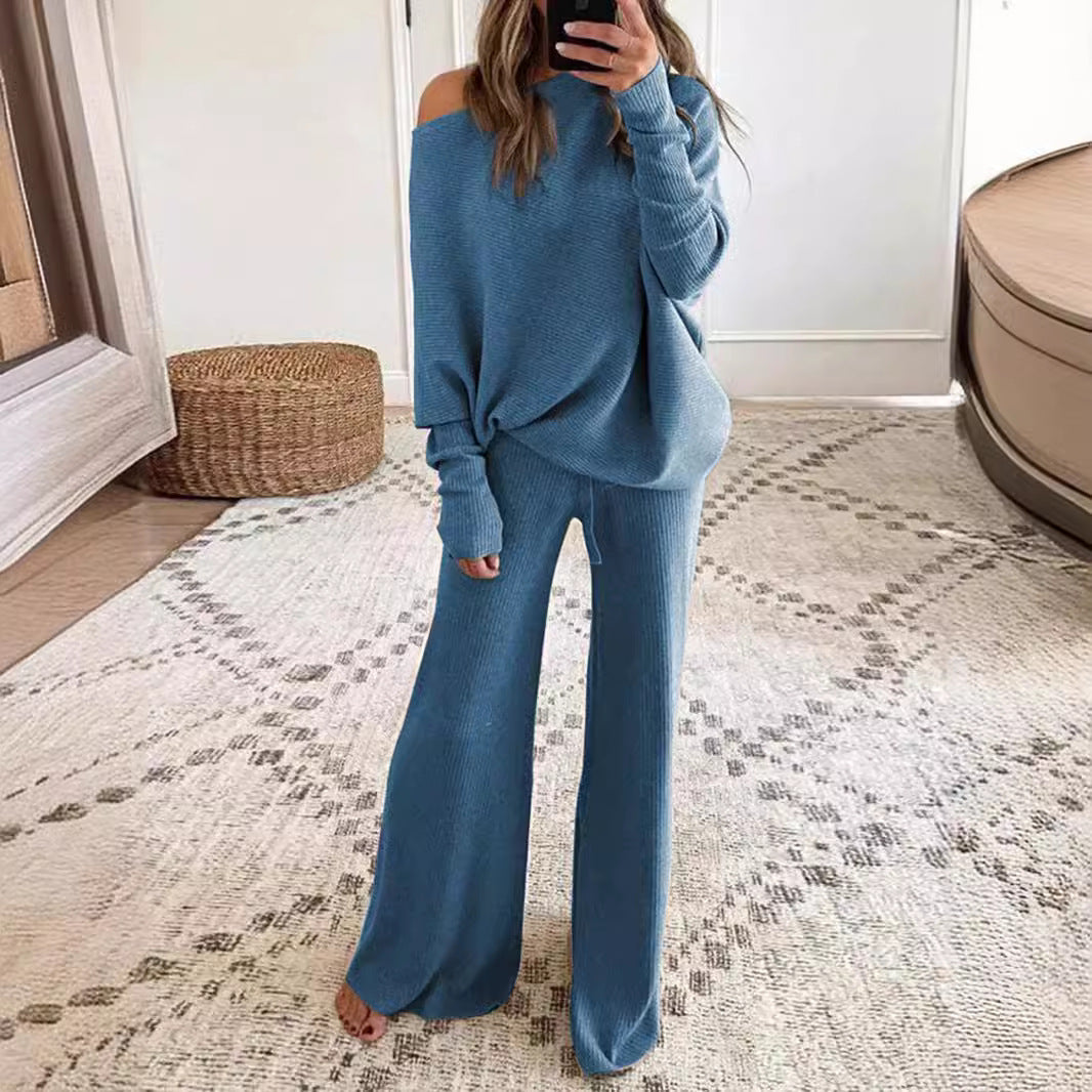 Conjunto de dos piezas formado por top y pantalón informal, manga larga, cuello redondo, color liso, para mujer, otoño e invierno