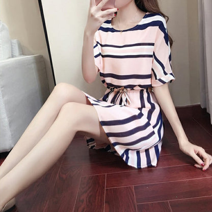 Women Fashion Casual Petite Stripe Print Defined Waist Dress
