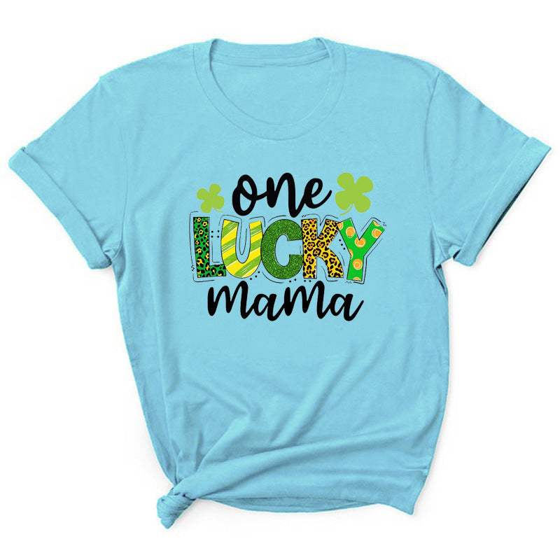 Camiseta informal de manga corta con cuello redondo y estampado de letras "One Lucky Mama" para mujer