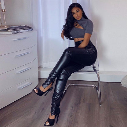 Women Casual PU Leather Solid Color Side-slit High Waist Pants