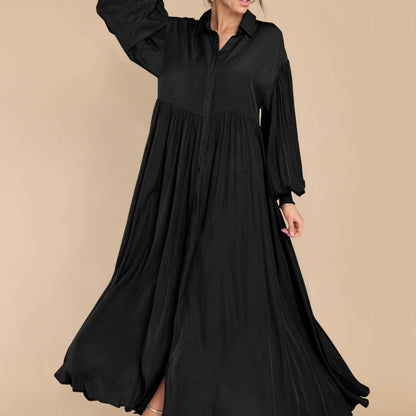 Women Fashion Casual Solid Color Creased Long Sleeve Maxi Dress