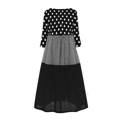 Plus Size Women Elegant Casual Round Neck Polka Dot Long Sleeves Color Blocking Patchwork Dress