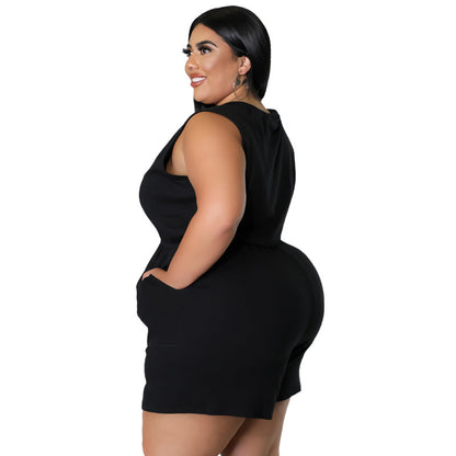 Plus Size Women V-Neck Solid Color Sleeveless Pockets Casual Waist Rompers