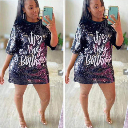 Vestido informal de manga corta con lentejuelas y letras para mujer