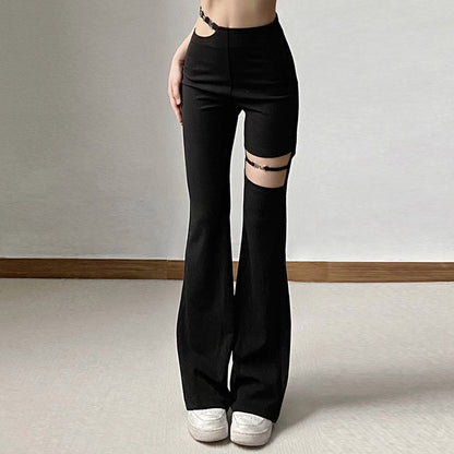 Women Flow Ripped Hole Hollow Micro-Blaze Gothic Casual Pants