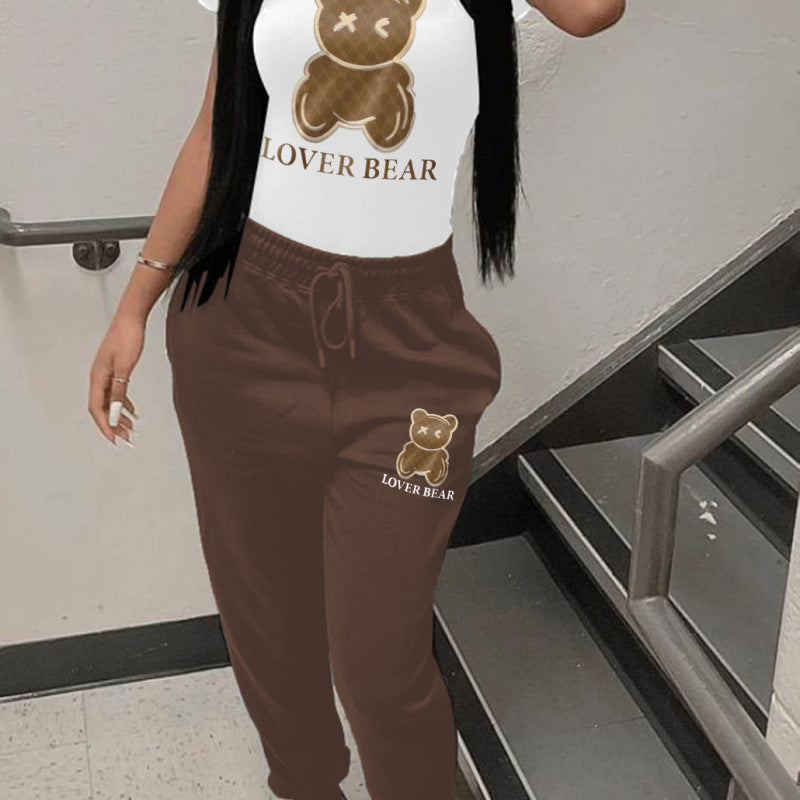 Conjuntos de camiseta y pantalón deportivo informales con estampado de oso para mujer