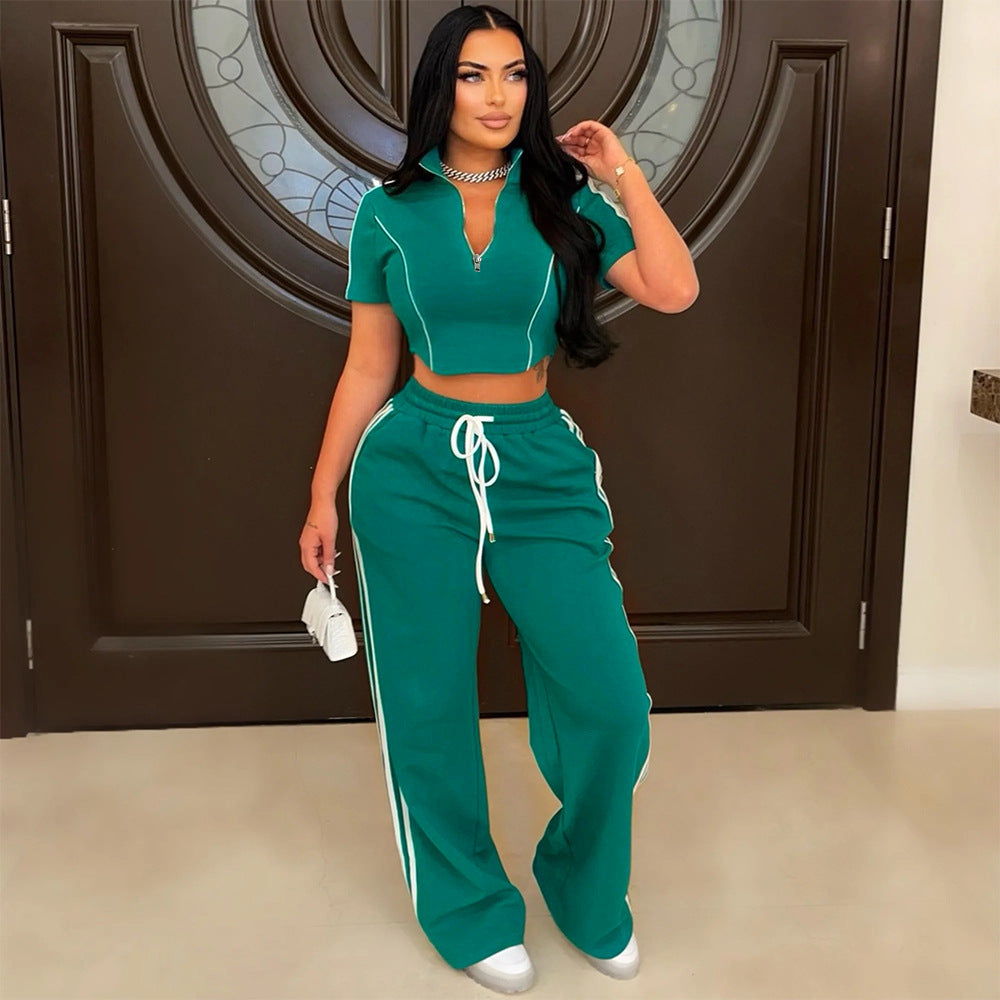 Women Fashion Casual V-Neck Zipper Short-Sleeved Crop Top Drawstring Loose Pants Two-Piece Set