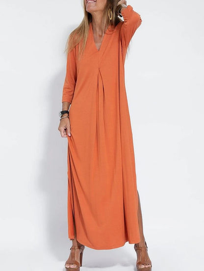 Vestido largo informal con escote en V y abertura para mujer