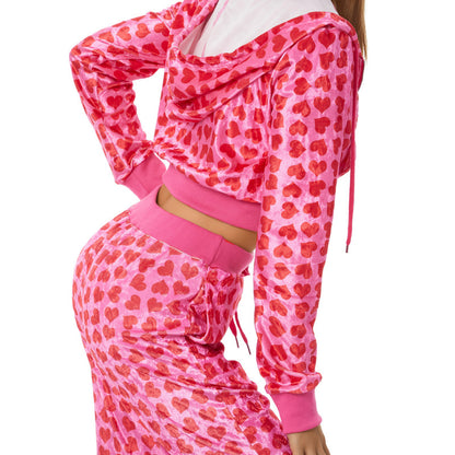 Conjunto informal de sudadera y pantalón de manga larga con estampado de corazón rosa para mujer