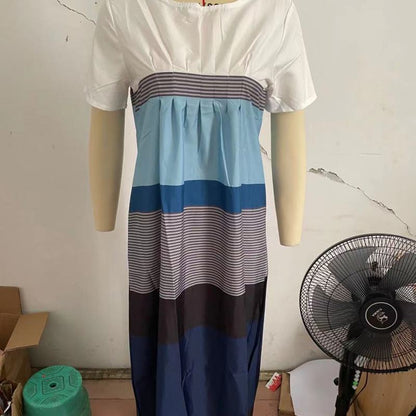Vestido midi holgado informal de manga corta con cuello redondo y bloques de color para mujer