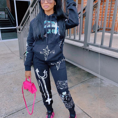 Conjunto de dos piezas de suéter y pantalones con capucha y estampado informal para mujer, moda Otoño Invierno