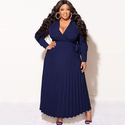 Women Fashion Casual Solid Color Plus Size V-Neck Lace-Up Long Sleeve Pleated Dress