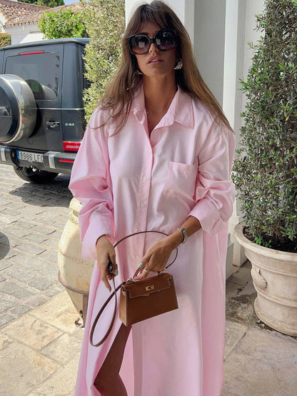 Women Casual Loose Solid Color Lapel Split Cotton Dress
