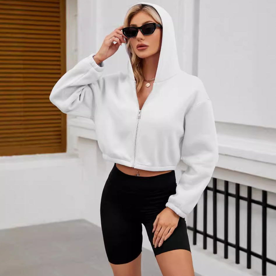 Autumn Winter Women Casual Solid Color Long Sleeve Zipper Hoodie