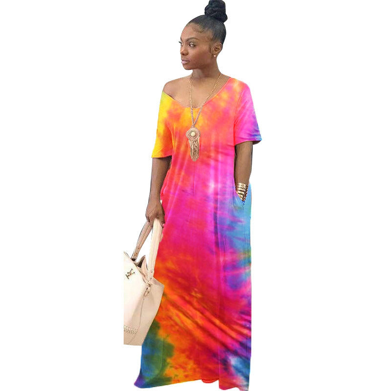 Women Casual Tie Dye Short Sleeves Loose Color Blocking Dress