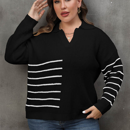 Suéter holgado informal de punto con cuello en V y solapa a rayas para mujer, talla grande, para invierno y otoño