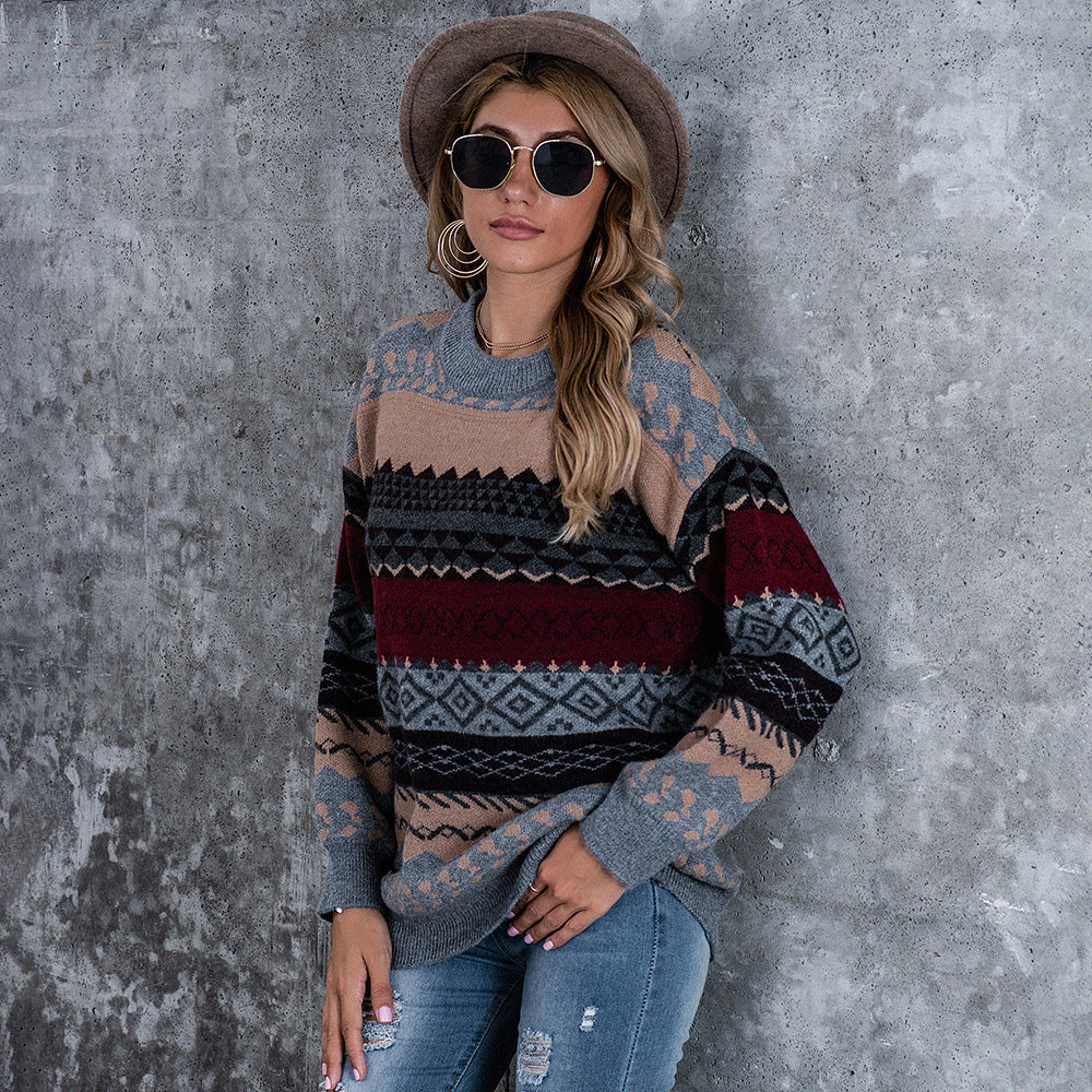 Women Casual Loose Geometric Round Neck Knitted Sweater