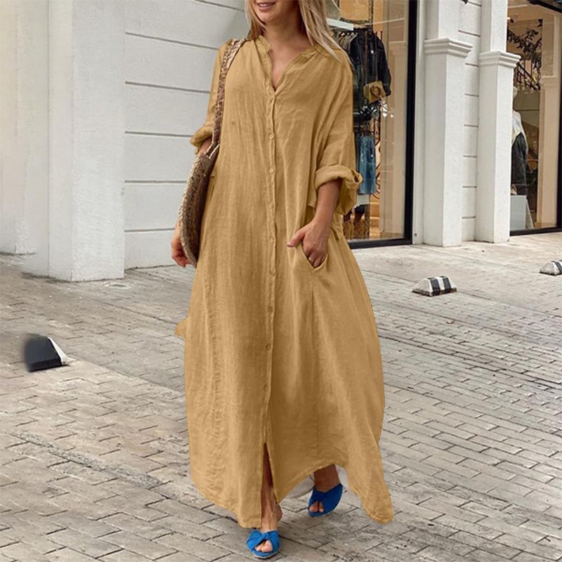 Women Fashion Casual Solid Color Cotton Linen Pocket Shirt Maxi Dress