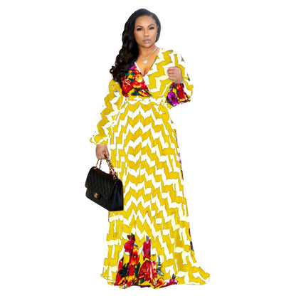Women Fashion Casual Digital Printing V-Neck Long Sleeve Loose Dress