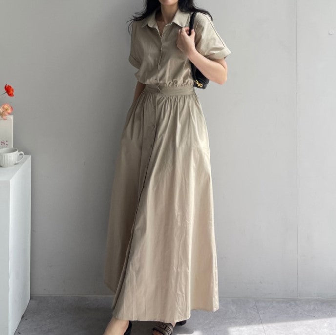 Women Casual Solid Color Loose Lasel Single-Breasted Long Shirt Dress